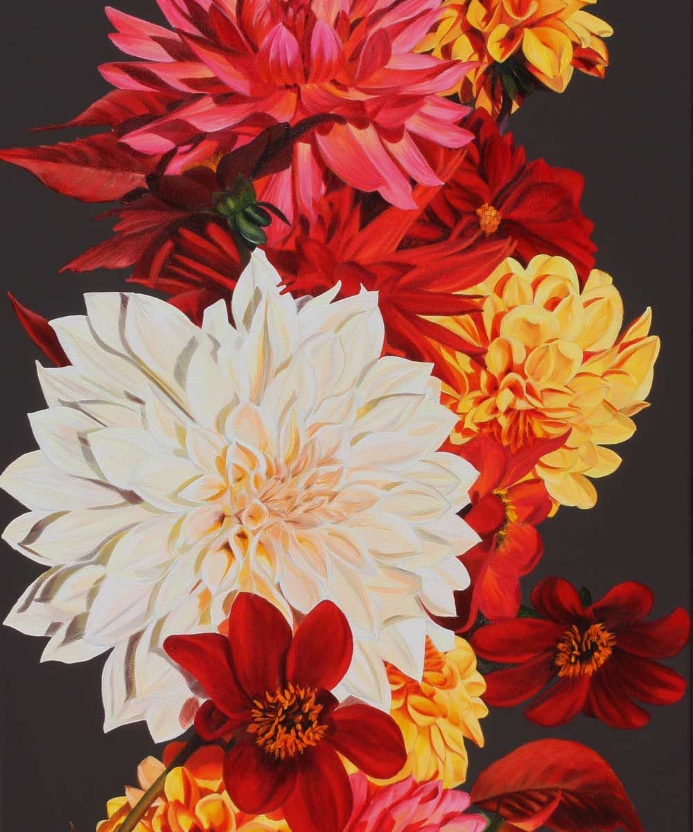 Print of Original acrylic painting Ember Glow flower painting, dahlias and Virginia creepers by Sarah Caswell