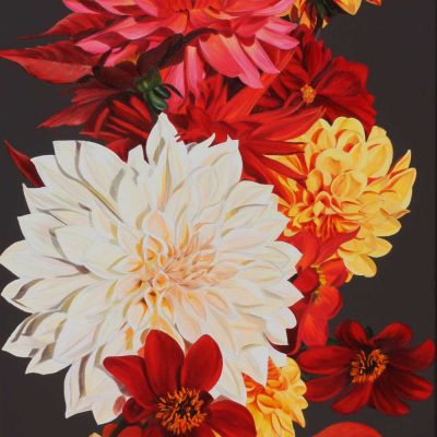 Print of Original acrylic painting Ember Glow flower painting, dahlias and Virginia creepers by Sarah Caswell