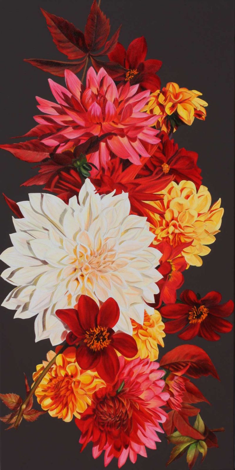 Print of Original acrylic painting Ember Glow flower painting, dahlias and Virginia creepers by Sarah Caswell