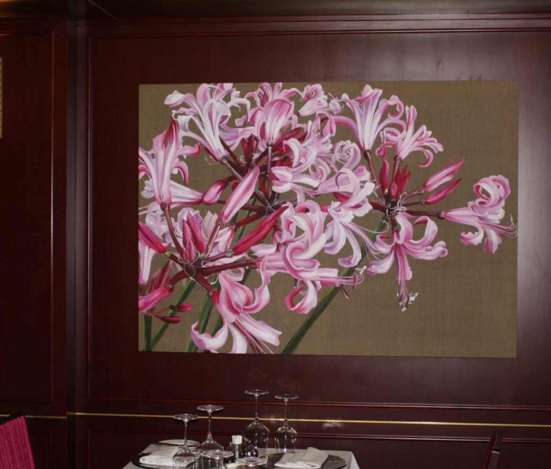 Pink and white nerines acrylic painting on linen by UK floral artist Sarah Caswell in situ in the Oriental Restaurant of P&O Superliner Azura