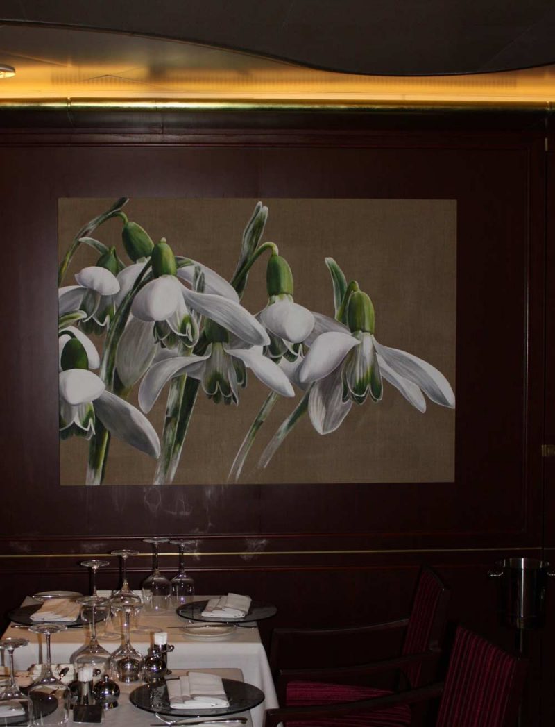 White Snowdrops galanthus acrylic painting on linen by UK floral artist Sarah Caswell in situ in the Oriental Restaurant of P&O Superliner Azura