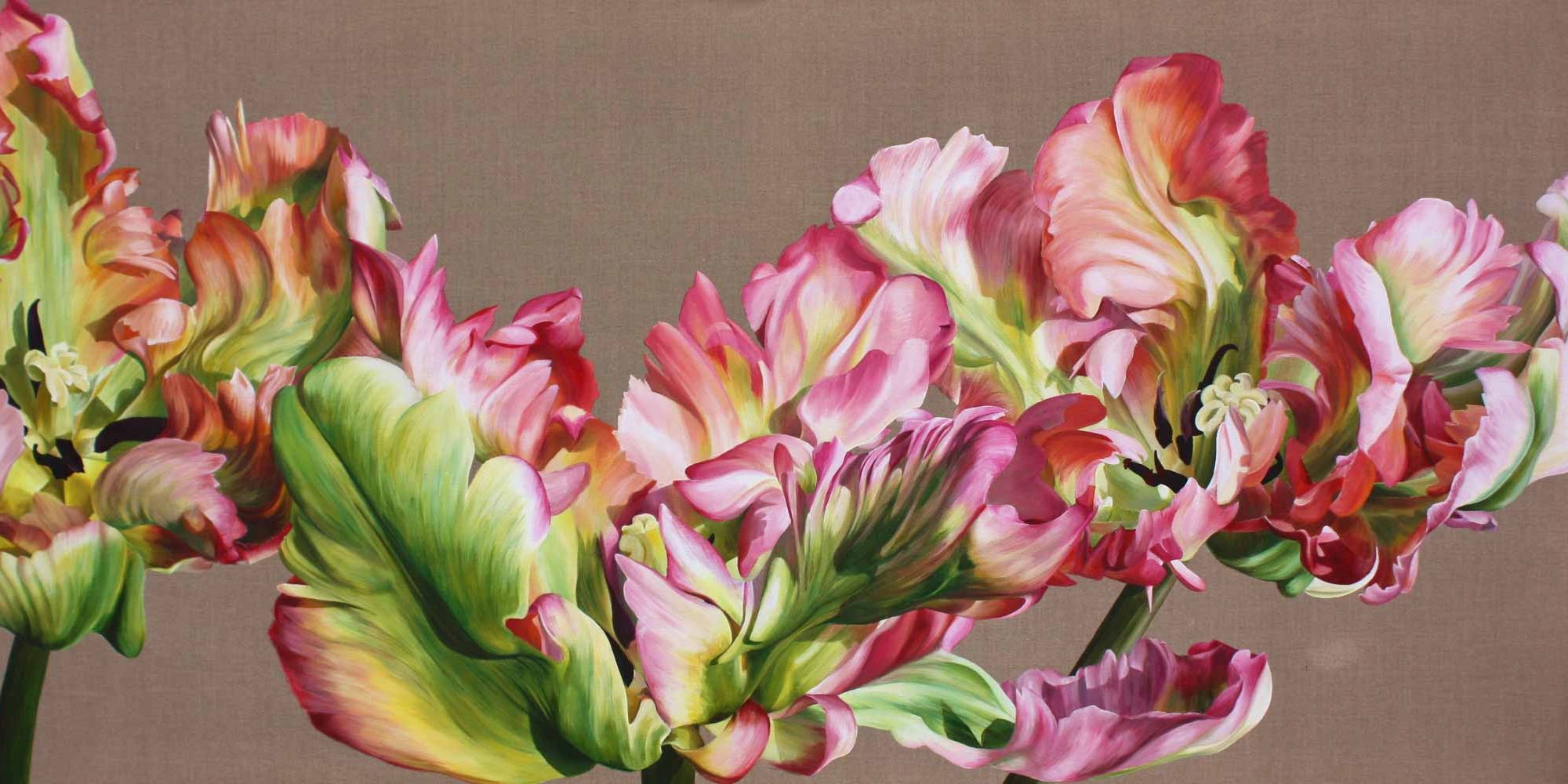 Pink and green parrot tulips on linen background painting by UK floral artist Sarah Caswell