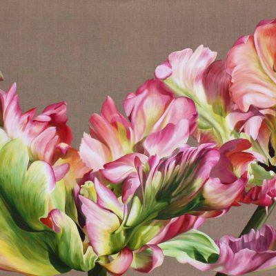 Pink and green parrot tulips on linen background painting by UK floral artist Sarah Caswell