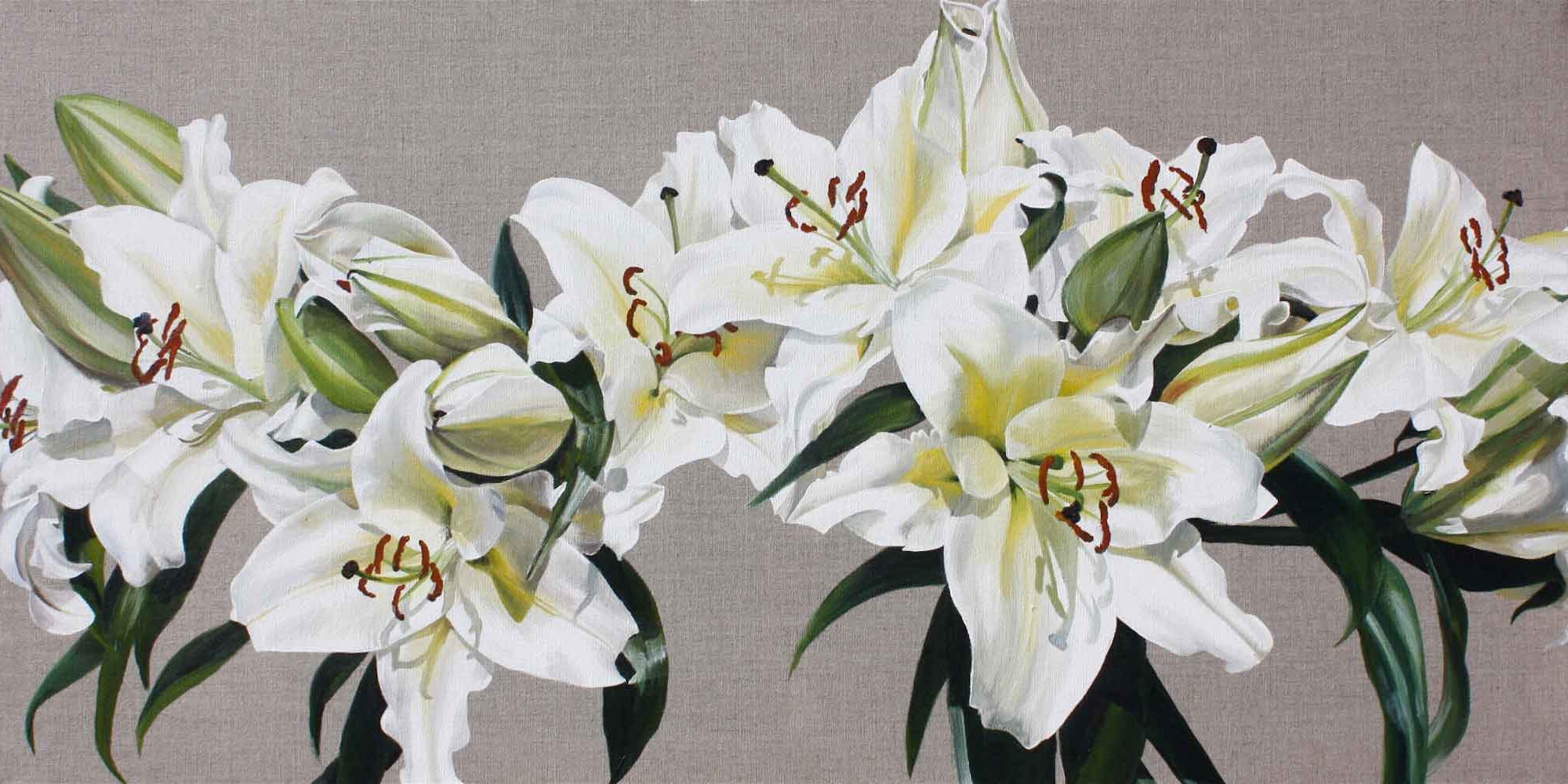 White and green lilies on linen background painting by UK floral artist Sarah Caswell