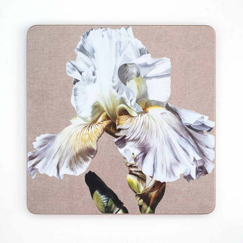 White and lavender Cayeux iris on linen painting by Sarah Caswell melamine tablemat or coaster