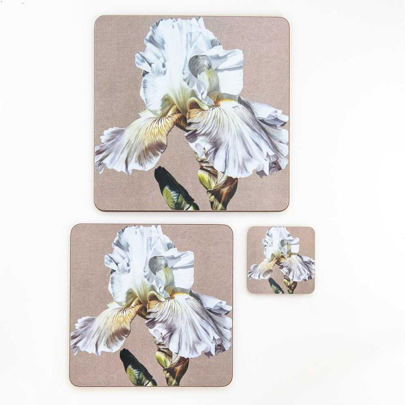 White and lavender Cayeux Ciel Gris iris on linen painting by Sarah Caswell melamine tablemat and coaster range