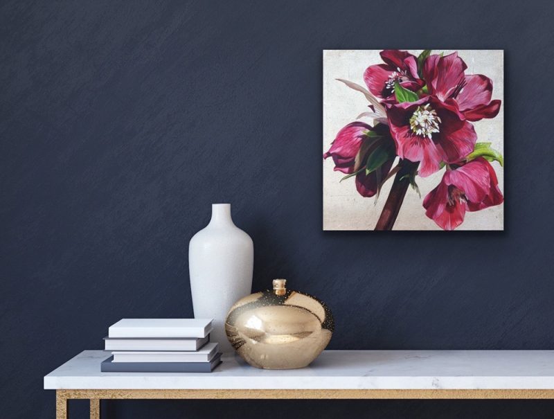 Original acrylic painting on cotton canvas, Pink hellebores in bright sunshine on 22ct ‘moon’ gold leaf background depicted in a home setting.