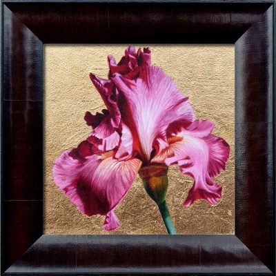 Wisdom, Hope and Valour - Bravery. Original acrylic painting by UK floral artist Sarah Caswell. Bright pink Iris on gold leaf background.