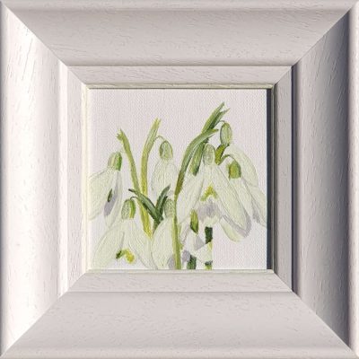 Artist Support pledge #10. Snowdrops on white background. Original acrylic sketch by UK Floral Artist Sarah Caswell on canvas board. Framed in white.