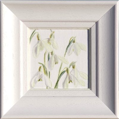 Artist Support pledge #11. Snowdrops on white background. Original acrylic sketch by UK Floral Artist Sarah Caswell on canvas board. Framed in white.