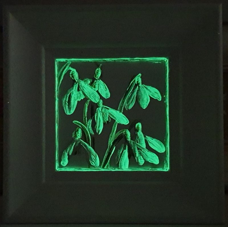 Artist Support pledge #11. White Snowdrops in glow in the dark paint. Original acrylic sketch by UK Floral Artist Sarah Caswell on canvas board.