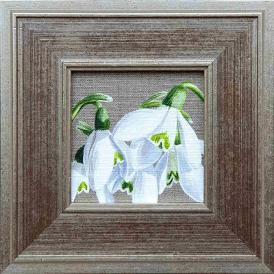 Artist Support pledge #17. Snowdrops on linen background. Original acrylic sketch by UK Floral Artist Sarah Caswell on canvas board. Framed in silver gilt.