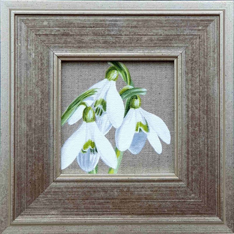 Artist Support pledge #18. Snowdrops on linen background. Original acrylic sketch by UK Floral Artist Sarah Caswell on canvas board. Framed in silver gilt.