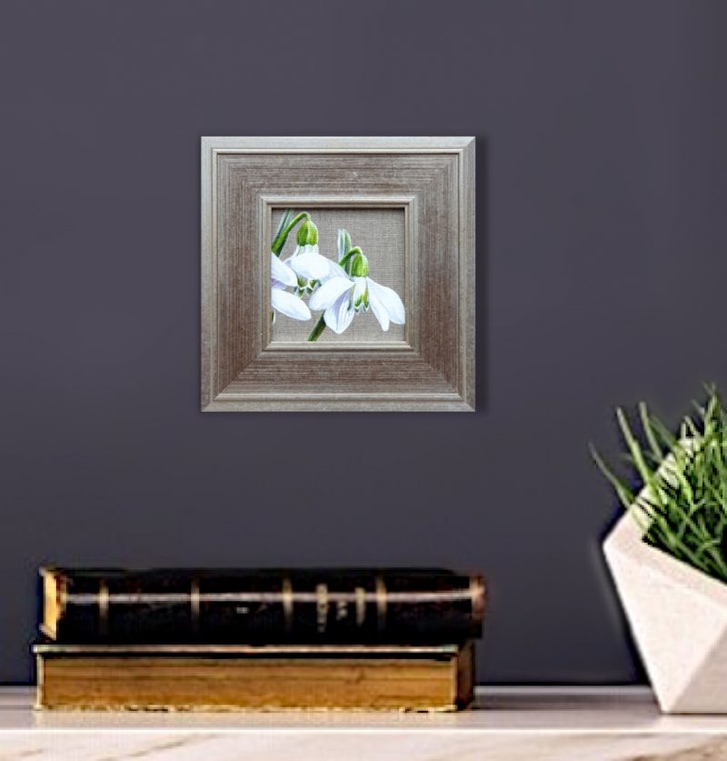 Artist Support pledge #16. Snowdrops on linen background. Original acrylic sketch by UK Floral Artist Sarah Caswell on canvas board. Framed in silver gilt.