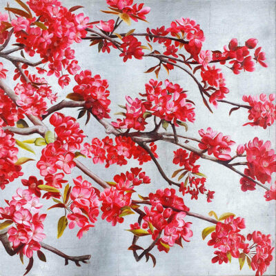 Canvas print of a magenta blossom tree on a silvered background