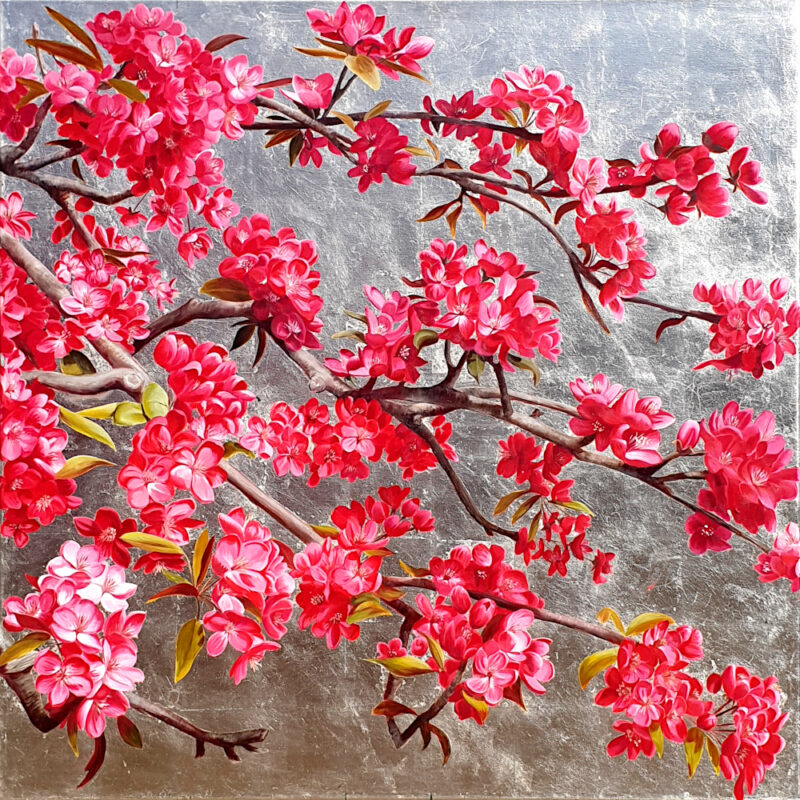 Magenta Blossom on silver leaf background. Original acrylic painting